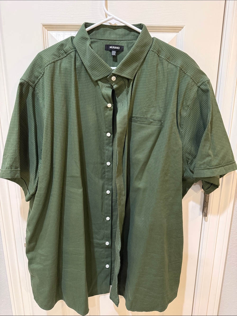 Murano Men's Short-Sleeve Button-Up Shirt in Olive Green with Subtle Dot Texture